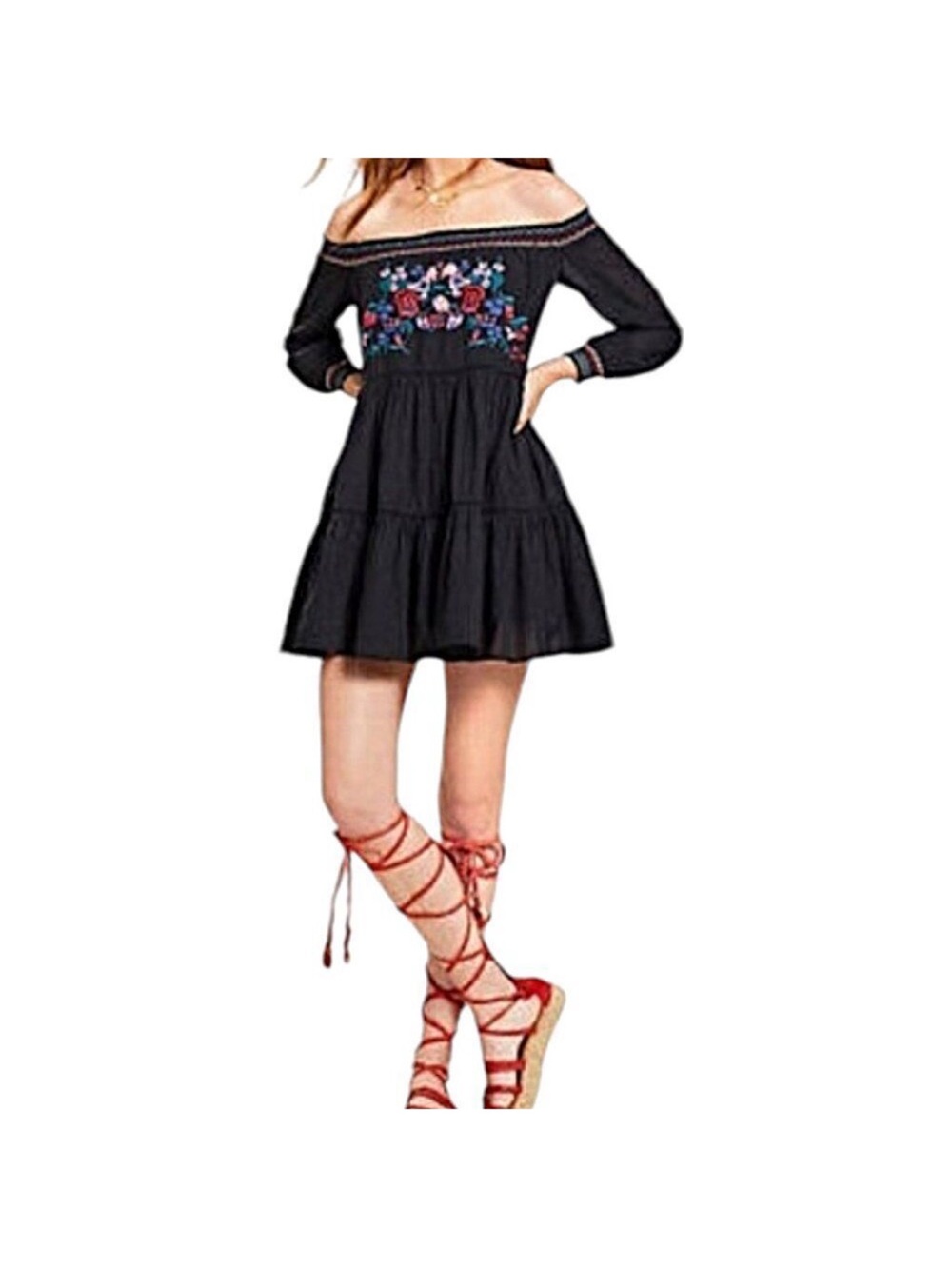 Free People black Off Shoulder Floral Embroidered Tiered Swing Dress XS